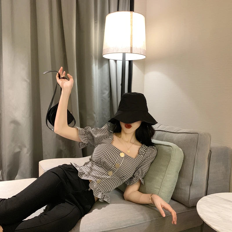 Bxoxo Vintage Plaid Crop Blouse Women Summer Square Collar Puff Sleeve Button ladies Tops Blouses Shirts chemisier femme