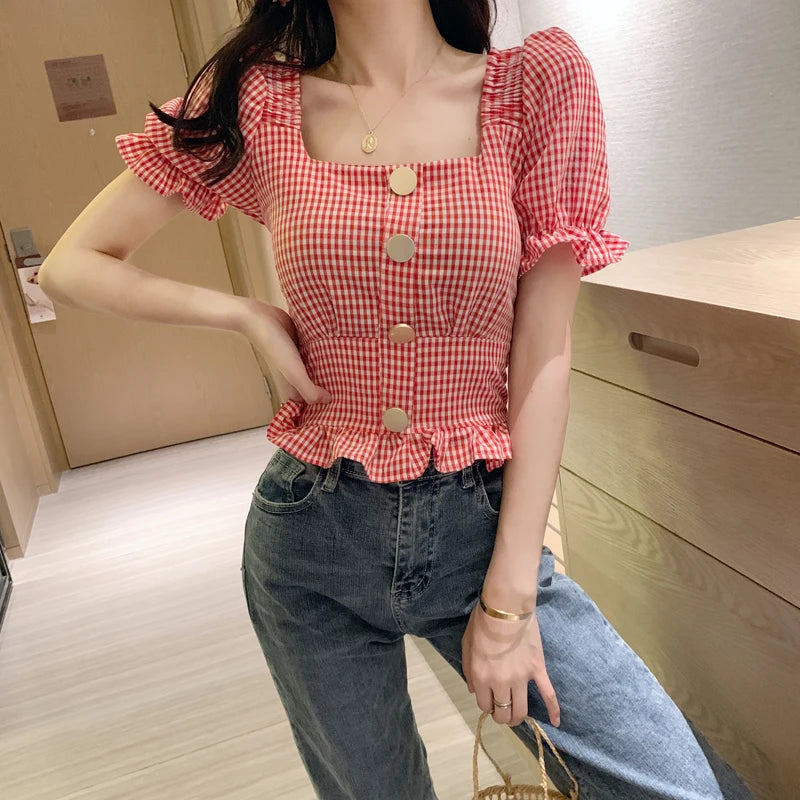 Bxoxo Vintage Plaid Crop Blouse Women Summer Square Collar Puff Sleeve Button ladies Tops Blouses Shirts chemisier femme