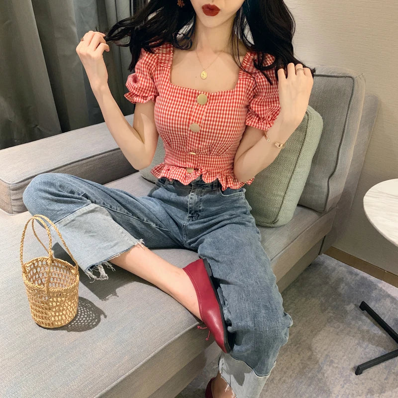 Bxoxo Vintage Plaid Crop Blouse Women Summer Square Collar Puff Sleeve Button ladies Tops Blouses Shirts chemisier femme