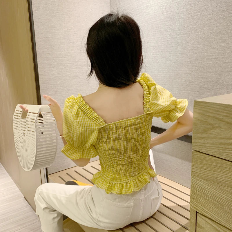 Bxoxo Vintage Plaid Crop Blouse Women Summer Square Collar Puff Sleeve Button ladies Tops Blouses Shirts chemisier femme