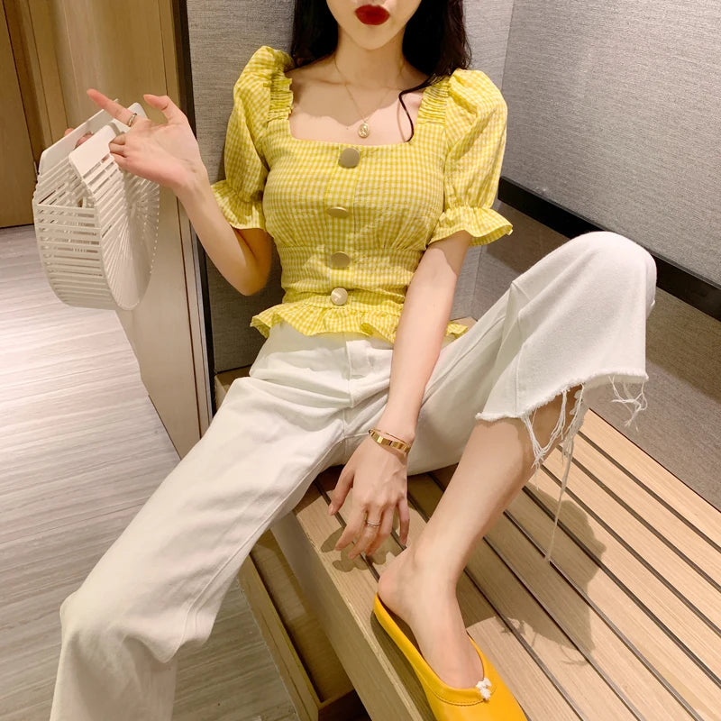 Bxoxo Vintage Plaid Crop Blouse Women Summer Square Collar Puff Sleeve Button ladies Tops Blouses Shirts chemisier femme