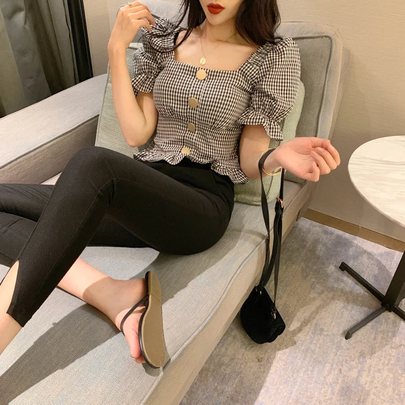 Bxoxo Vintage Plaid Crop Blouse Women Summer Square Collar Puff Sleeve Button ladies Tops Blouses Shirts chemisier femme