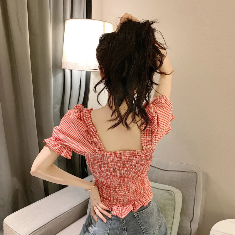 Bxoxo Vintage Plaid Crop Blouse Women Summer Square Collar Puff Sleeve Button ladies Tops Blouses Shirts chemisier femme