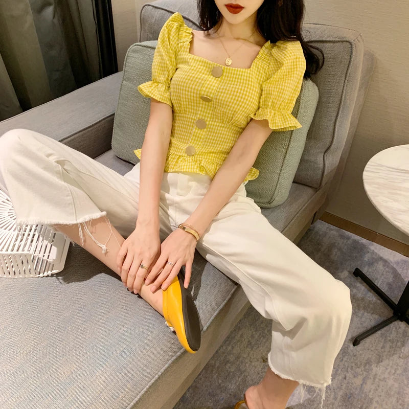 Bxoxo Vintage Plaid Crop Blouse Women Summer Square Collar Puff Sleeve Button ladies Tops Blouses Shirts chemisier femme