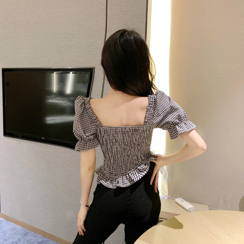 Bxoxo Vintage Plaid Crop Blouse Women Summer Square Collar Puff Sleeve Button ladies Tops Blouses Shirts chemisier femme