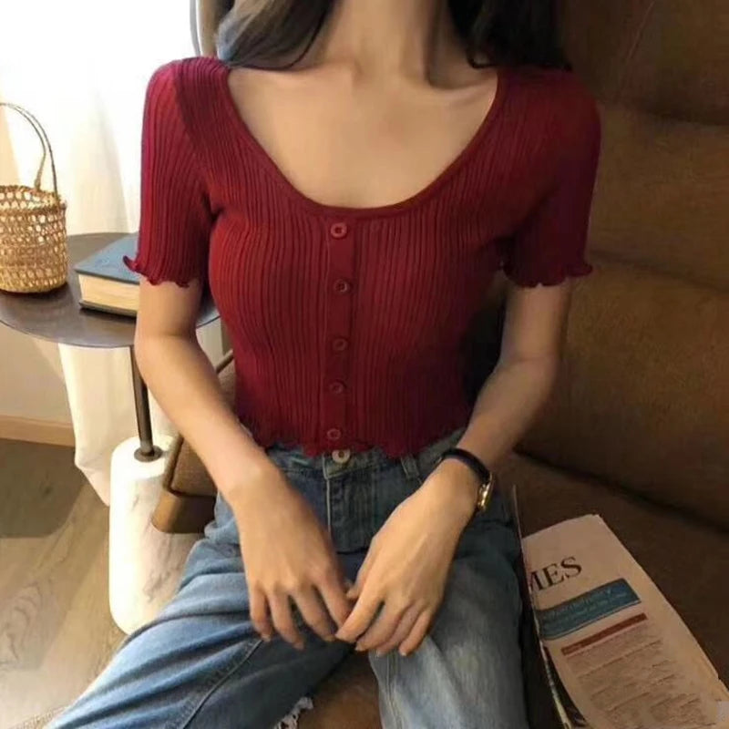 BXOXO Women V-neck Knitted Summer Thin T-Shirts Camisetas Feminino Sexy Short Sleeve T-shirts Button Up Tops For Women