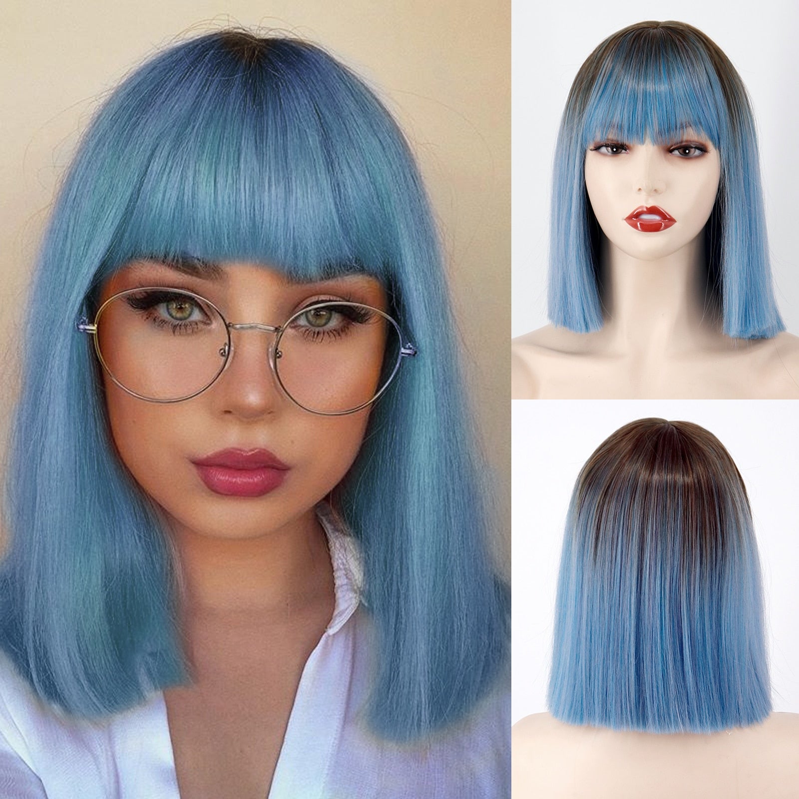 BXOXO Synthetic Blonde Wig with Bangs Short Wigs for Women Golden Wig Straight Bob Wig Natural Heat Resistant Wigs 11 Inches for Party