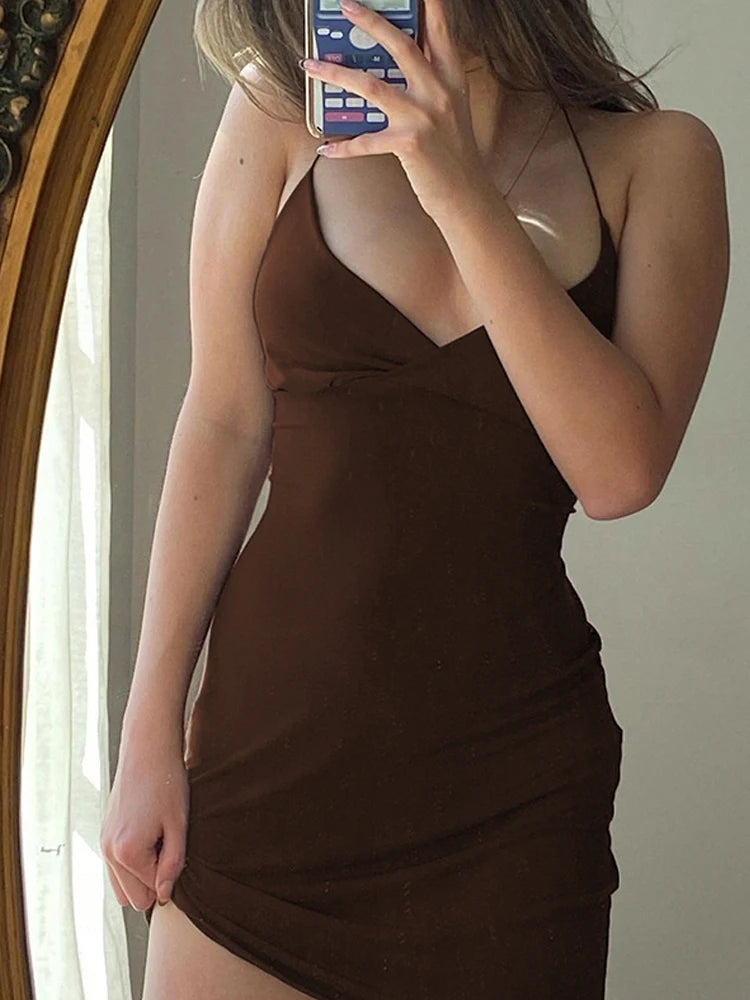 BXOXO Women Maxi Dress Summer Elegant Solid Sleeveless Nipped Waist Slim Backless Ruffled Irregular Party Dresses StreetwearVintage Brown Women Bodycon Dress Sexy V Neck Sleeveless Party Mini Dresses Solid Basic Backless Stre