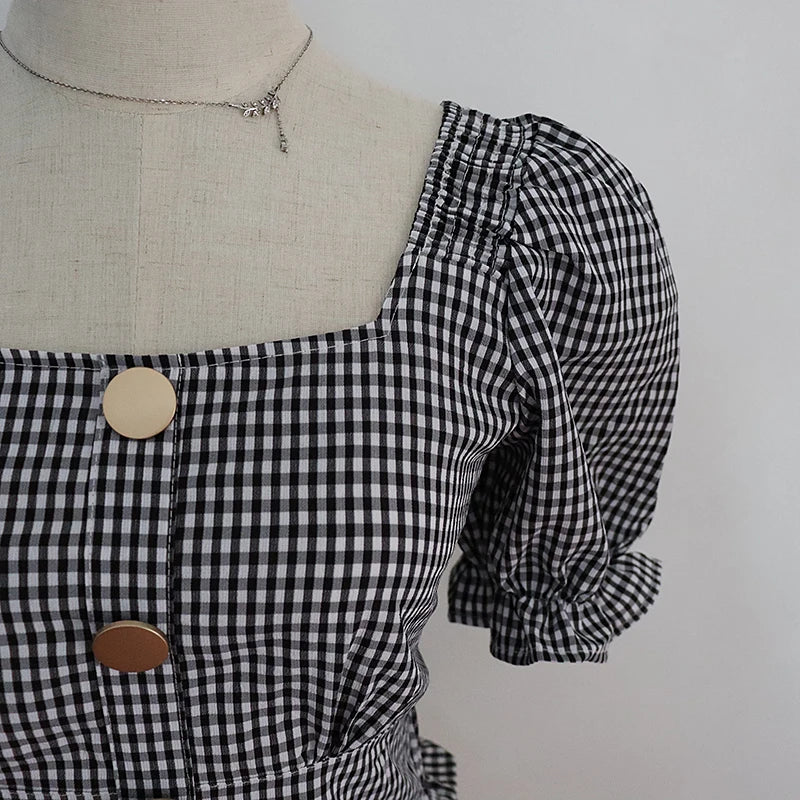 Bxoxo Vintage Plaid Crop Blouse Women Summer Square Collar Puff Sleeve Button ladies Tops Blouses Shirts chemisier femme