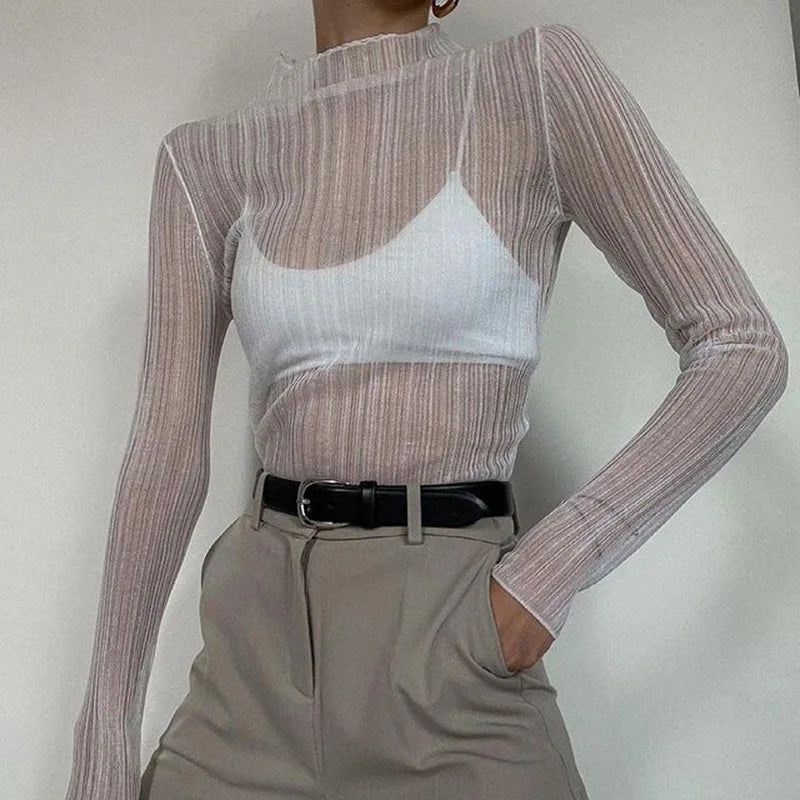 BXOXO Fall Elegant See Through Long Sleeve Mock Neck Women Tops Fashion Streetwear Sexy T-Shirts Tees Slim Clothes