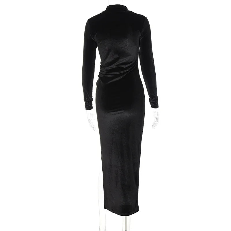 Bxoxo Autumn Winter Women Solid Velvet Long Sleeve Ruched Midi Dress Side Slit Bodycon Sexy Streetwear Party Elegant Club