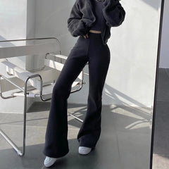 BXOXO New High Street Elastic Waist Solid Color Flare Pants For Women Spring Autumn Thick Casual Female Trouser