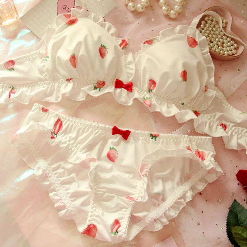 BXOXO Strawberry Cute Japanese Milk Silk Bra & Panties Set Wirefree Soft Underwear Set Kawaii Lolita Bra and Panty Set Pink Lingerie