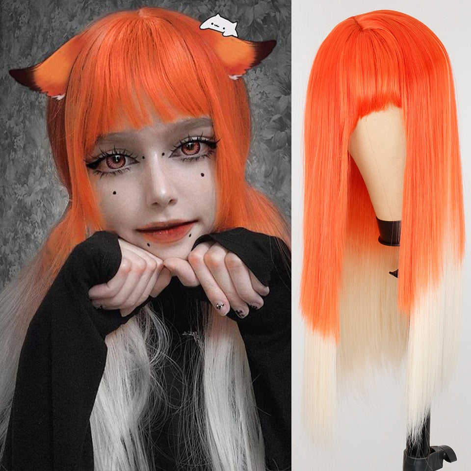 BXOXO Long Orange Wig with Bangs Straight Orange Wigs for Women Cosplay Long Synthetic Orange Wig Natural Looking for Daily Wear