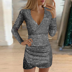 BXOXO Silver Sequins Party Dress Women Sexy Glitter Fabric V Neck Long Sleeve Dresses Slim Elegant Ladies Night Club Dress Vestidos