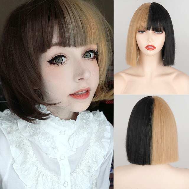 BXOXO Synthetic Wig Short Straight With Bangs Pink Black Purple Blond White Wig Female Short Bob Halloween Christmas Party Cosplay Wig