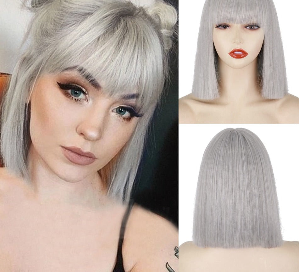 BXOXO Synthetic Blonde Wig with Bangs Short Wigs for Women Golden Wig Straight Bob Wig Natural Heat Resistant Wigs 11 Inches for Party