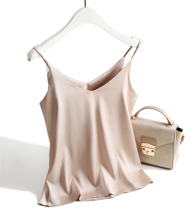 Bxoxo Spaghetti Strap Top Women Halter V Neck Basic White Cami Sleeveless Satin Silk Tank Tops Women'S Summer Camisole