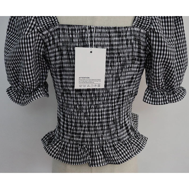 Bxoxo Vintage Plaid Crop Blouse Women Summer Square Collar Puff Sleeve Button ladies Tops Blouses Shirts chemisier femme