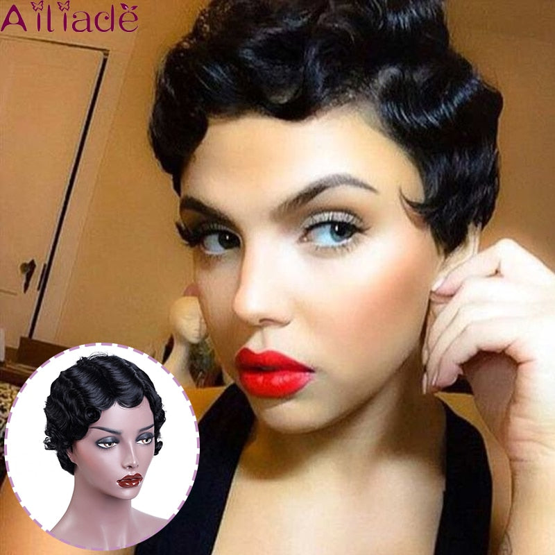 BXOXO Black Hair Short Wave Wigs For Woman Short Finger Wave Wigs Short Pixie Cut Wig Short Wigs