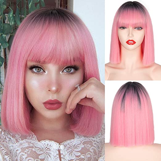 BXOXO Synthetic Wig Short Straight With Bangs Pink Black Purple Blond White Wig Female Short Bob Halloween Christmas Party Cosplay Wig