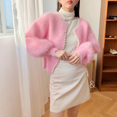 BXOXO Autumn And Winter New Fashion Ladies Pearl Knit Lantern Sleeves Imitation Mink Fleece Sweater Cardigan Jacket Women