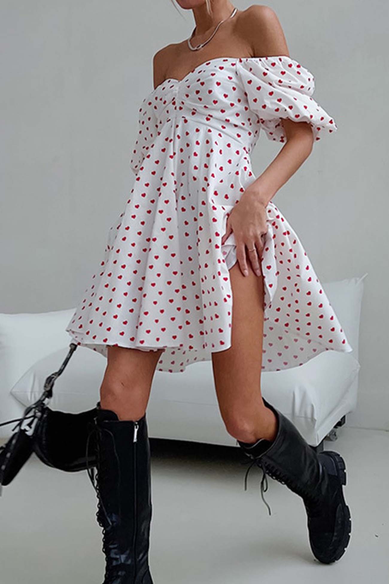 BXOXO - Heart Printed Off-Shoulder Puff Sleeve Mini Dress