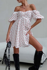 BXOXO - Heart Printed Off-Shoulder Puff Sleeve Mini Dress