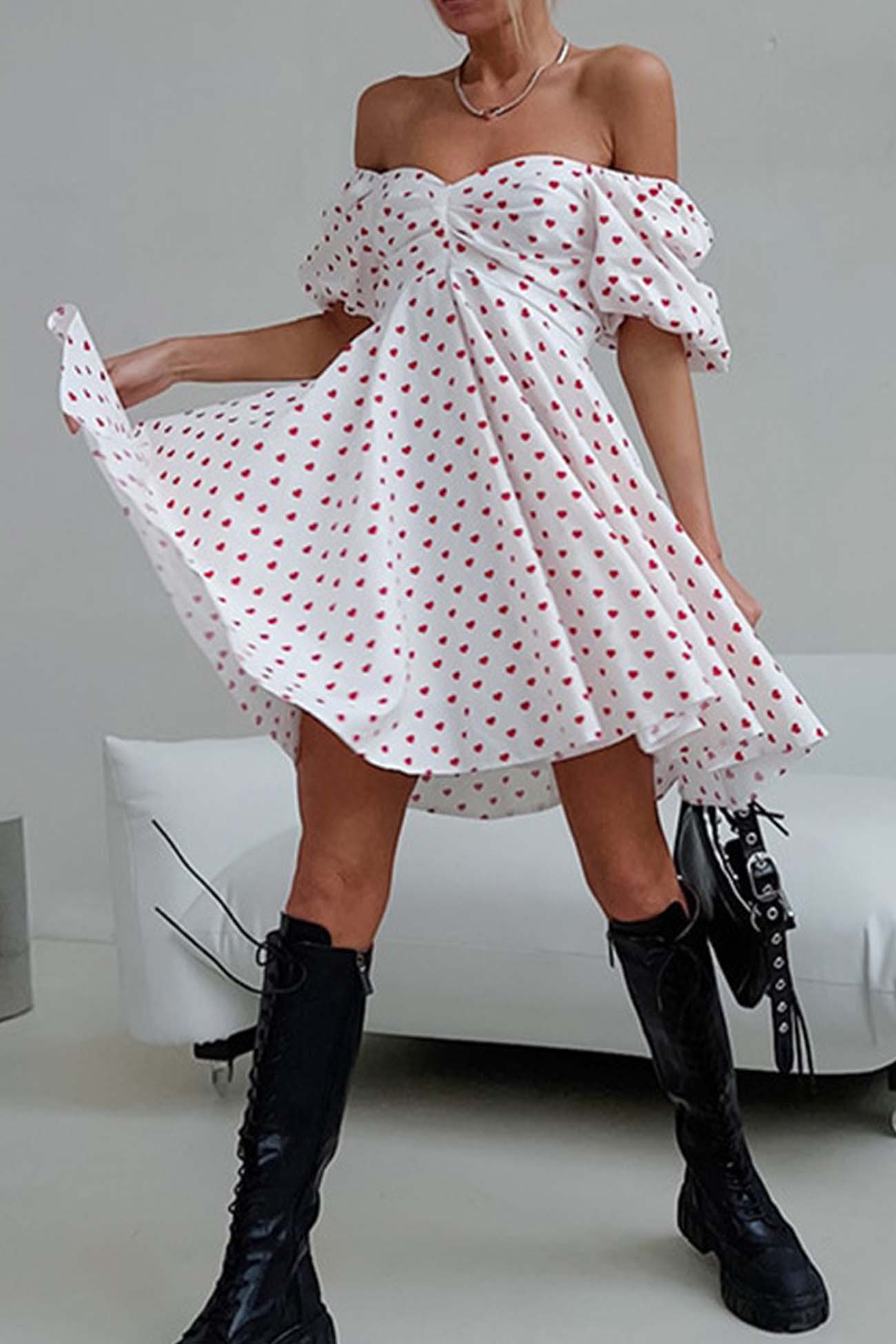 BXOXO - Heart Printed Off-Shoulder Puff Sleeve Mini Dress