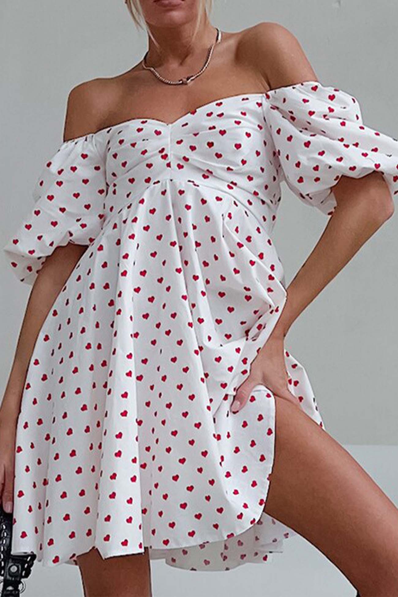 BXOXO - Heart Printed Off-Shoulder Puff Sleeve Mini Dress