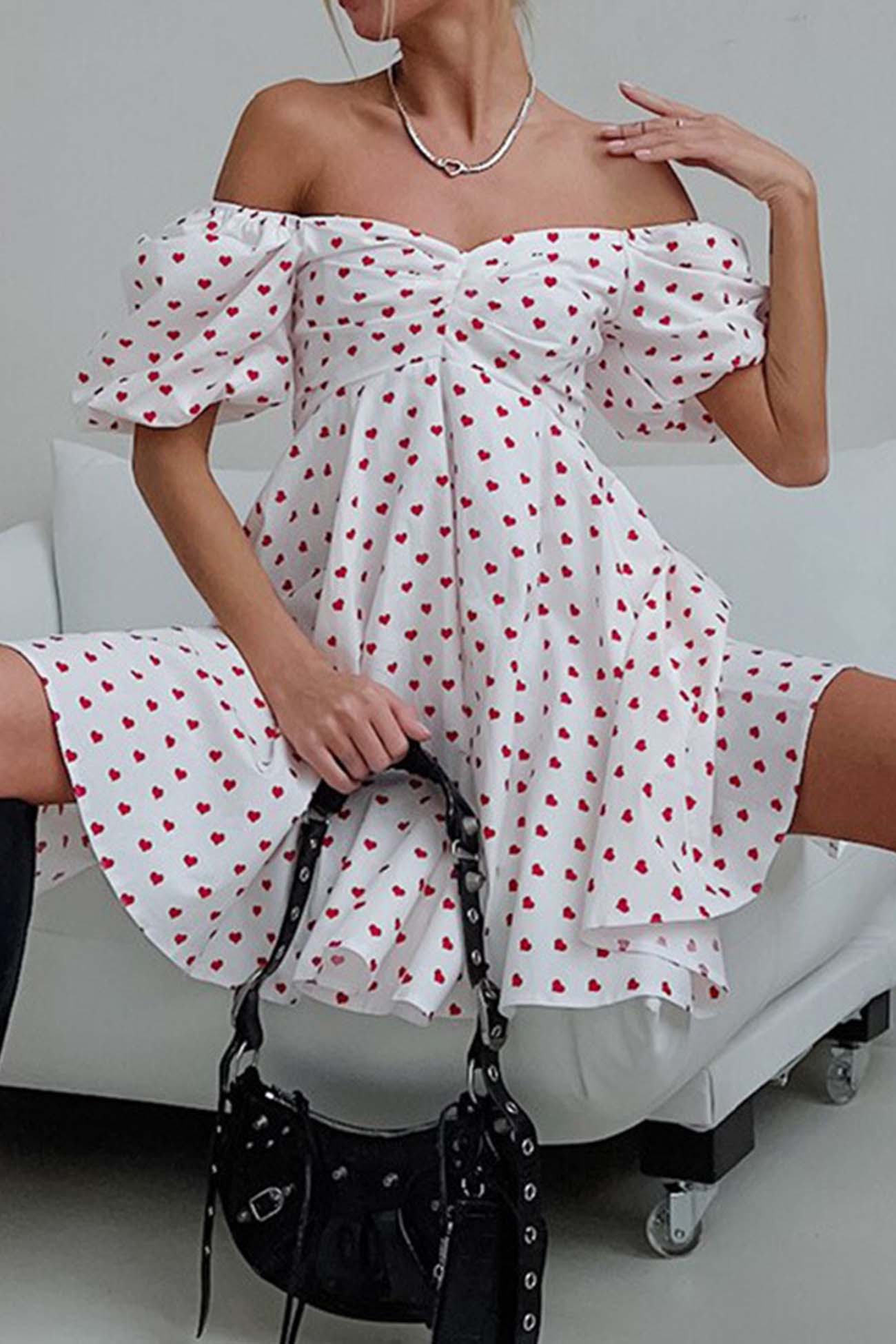 BXOXO - Heart Printed Off-Shoulder Puff Sleeve Mini Dress