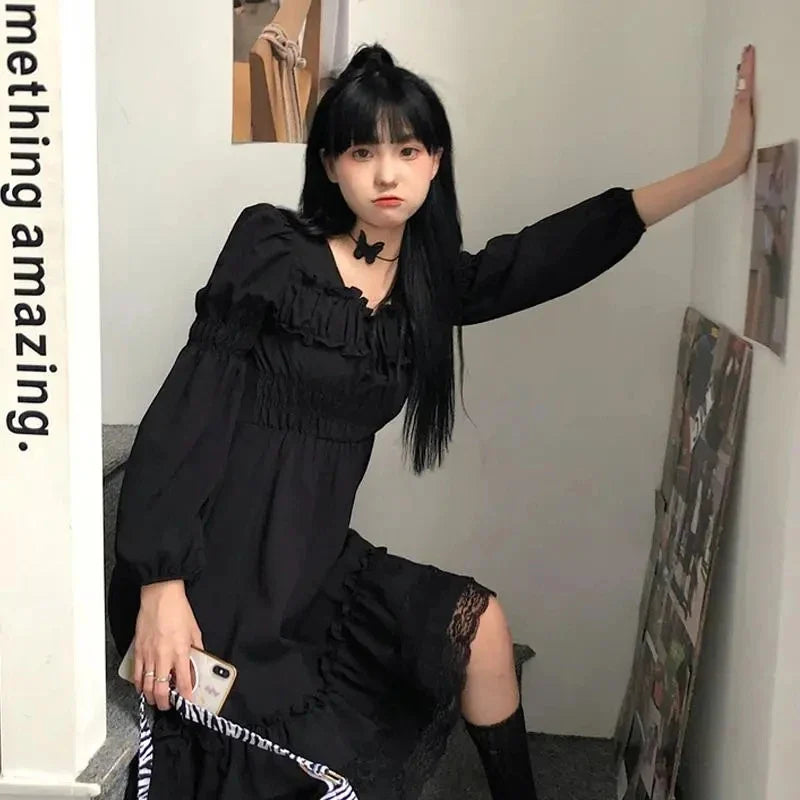 BXOXO Gothic Black Lace Ruffle Dress For Girls Princess Party Ruched Fairy Grunge Long Sleeve Dresses Woman Fashion Korean