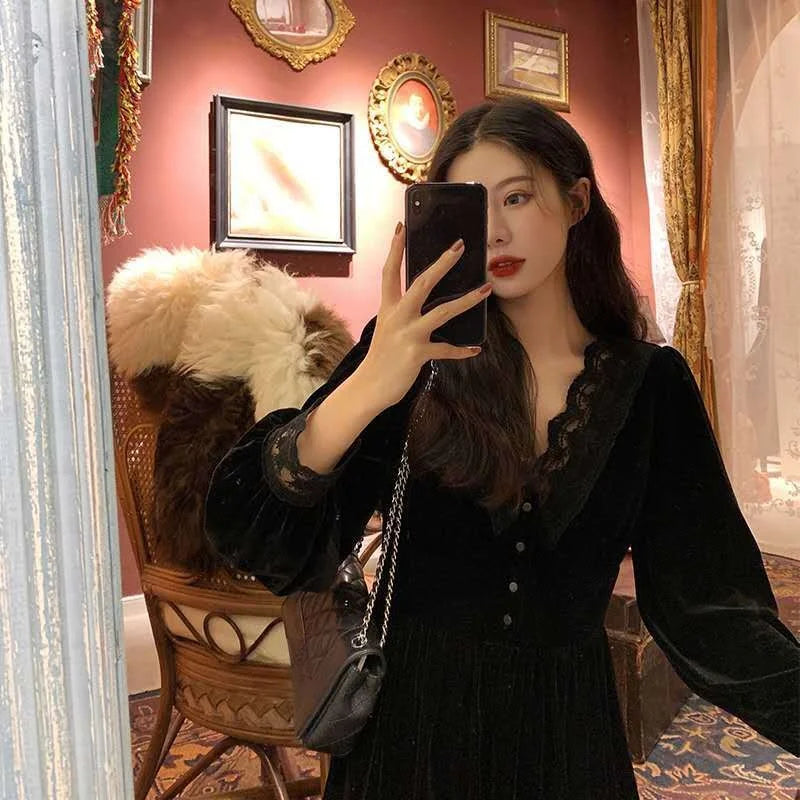 BXOXO French Vintage Dress Women Lace Velvet Black Elegant Party Dress Female Autumn 2020 High Waist Long Sleeve Midi Gothic Dress