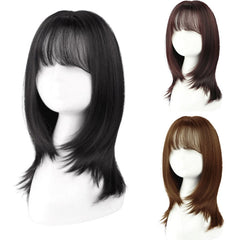 Short Wigs with Air Bangs Hair Bob Curly Tail Wigs Synthetic Hair Natural Black Color Hair Wigs for Women Party