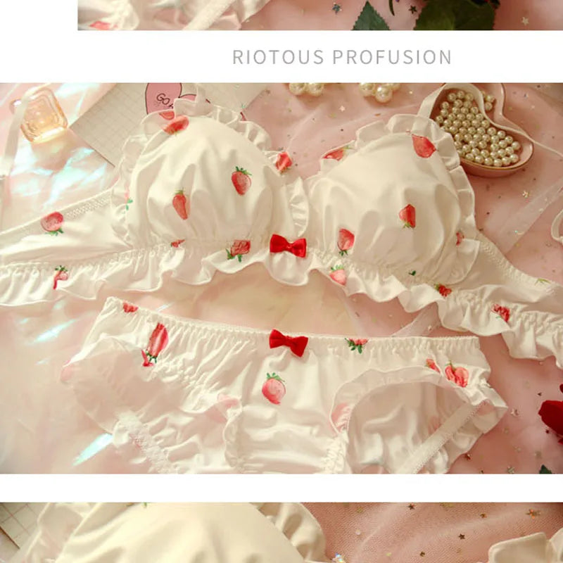 BXOXO Strawberry Cute Japanese Milk Silk Bra & Panties Set Wirefree Soft Underwear Set Kawaii Lolita Bra and Panty Set Pink Lingerie