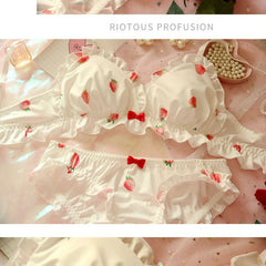 BXOXO Strawberry Cute Japanese Milk Silk Bra & Panties Set Wirefree Soft Underwear Set Kawaii Lolita Bra and Panty Set Pink Lingerie