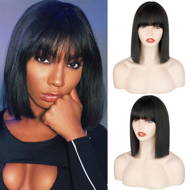 BXOXO Synthetic Wig Short Straight With Bangs Pink Black Purple Blond White Wig Female Short Bob Halloween Christmas Party Cosplay Wig