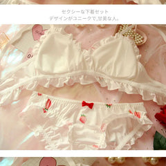 BXOXO Strawberry Cute Japanese Milk Silk Bra & Panties Set Wirefree Soft Underwear Set Kawaii Lolita Bra and Panty Set Pink Lingerie