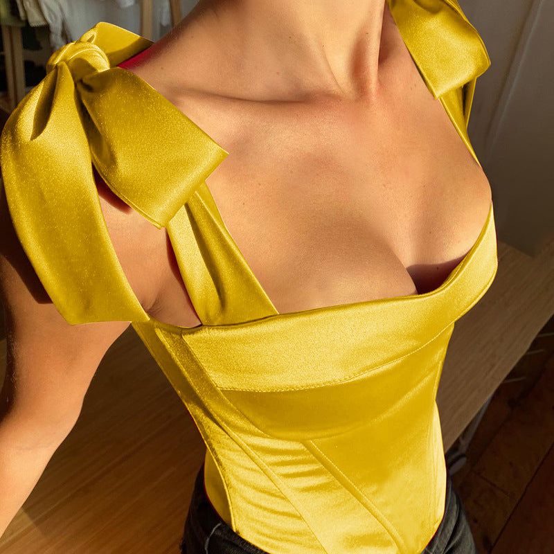 Primrose Tie Shoulder Curved Hem Satin Corset Top