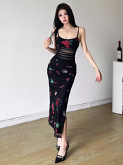 Printed Suspender Dress with Slits HOT1397