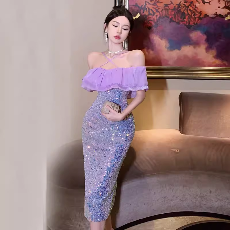 Off The Shoulder Purple Dress  HOT1479