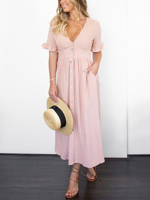 Frill Trim Button Up Midi Dress