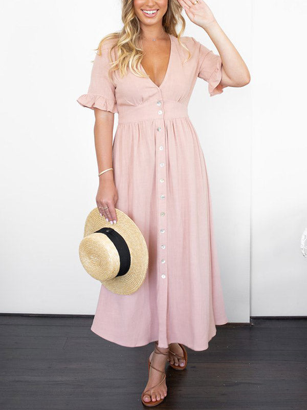 Frill Trim Button Up Midi Dress