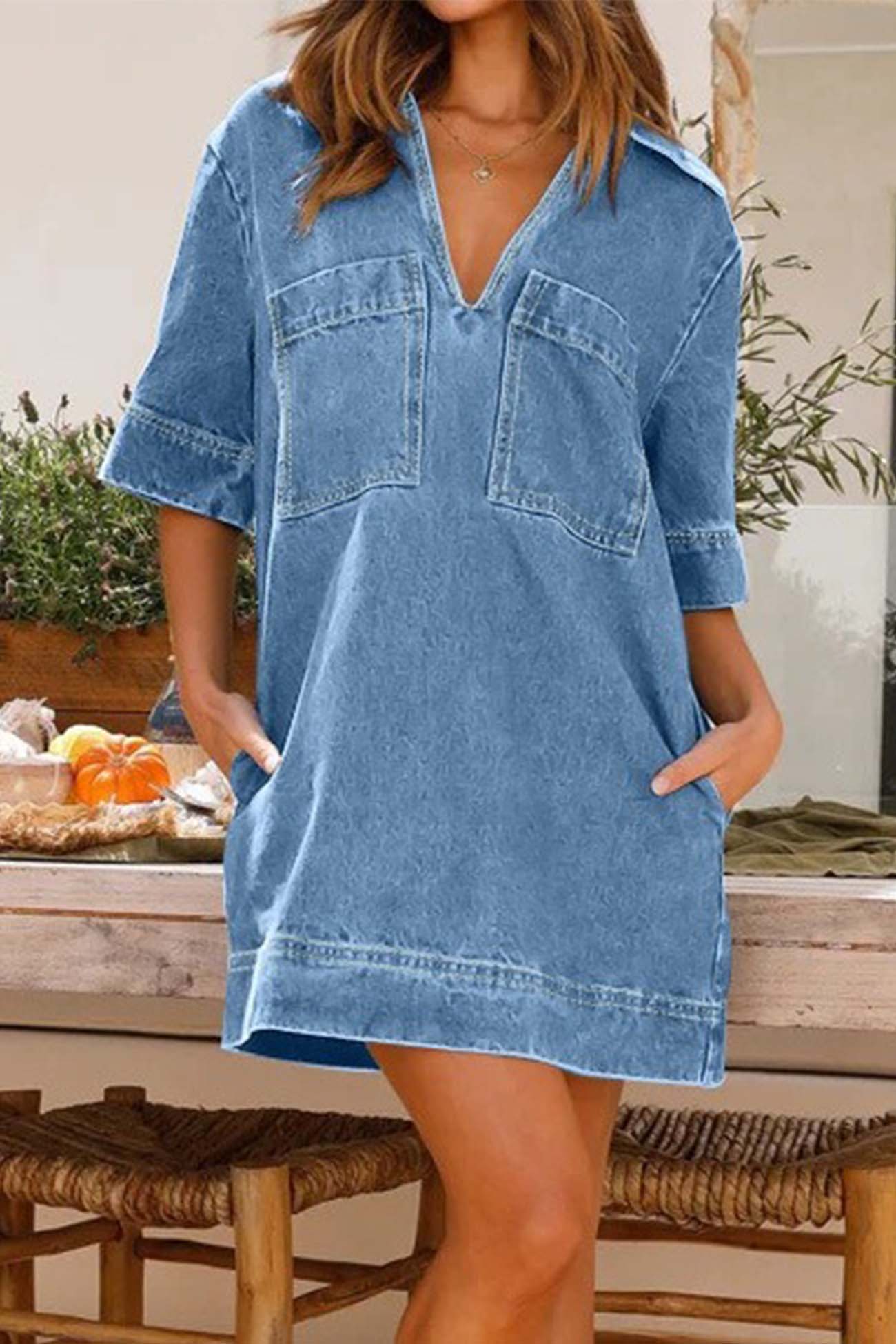 BXOXO - Denim Lapel V Neck Mini Dress