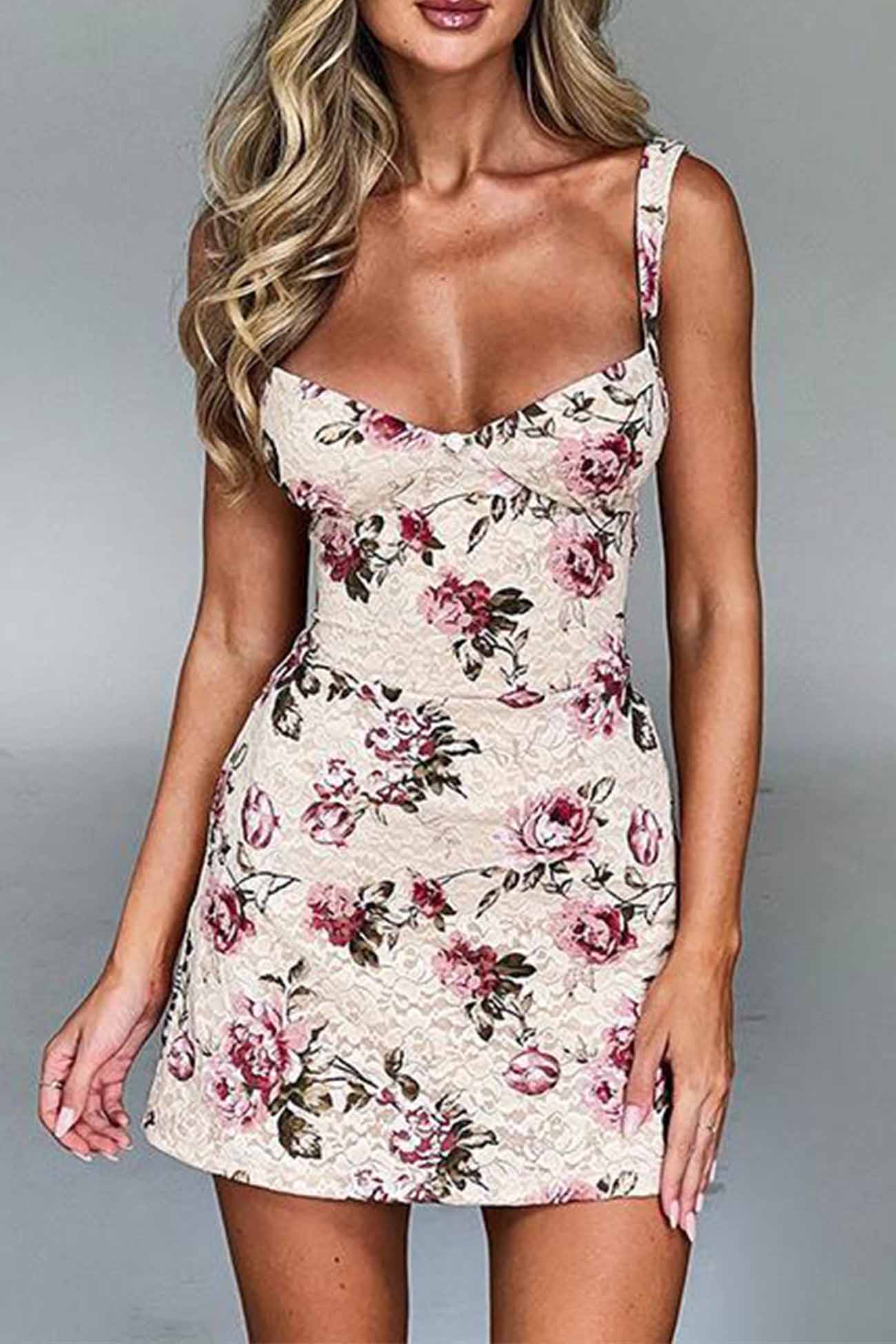 BXOXO - Lace Floral Printed Bodycon Cami Dress