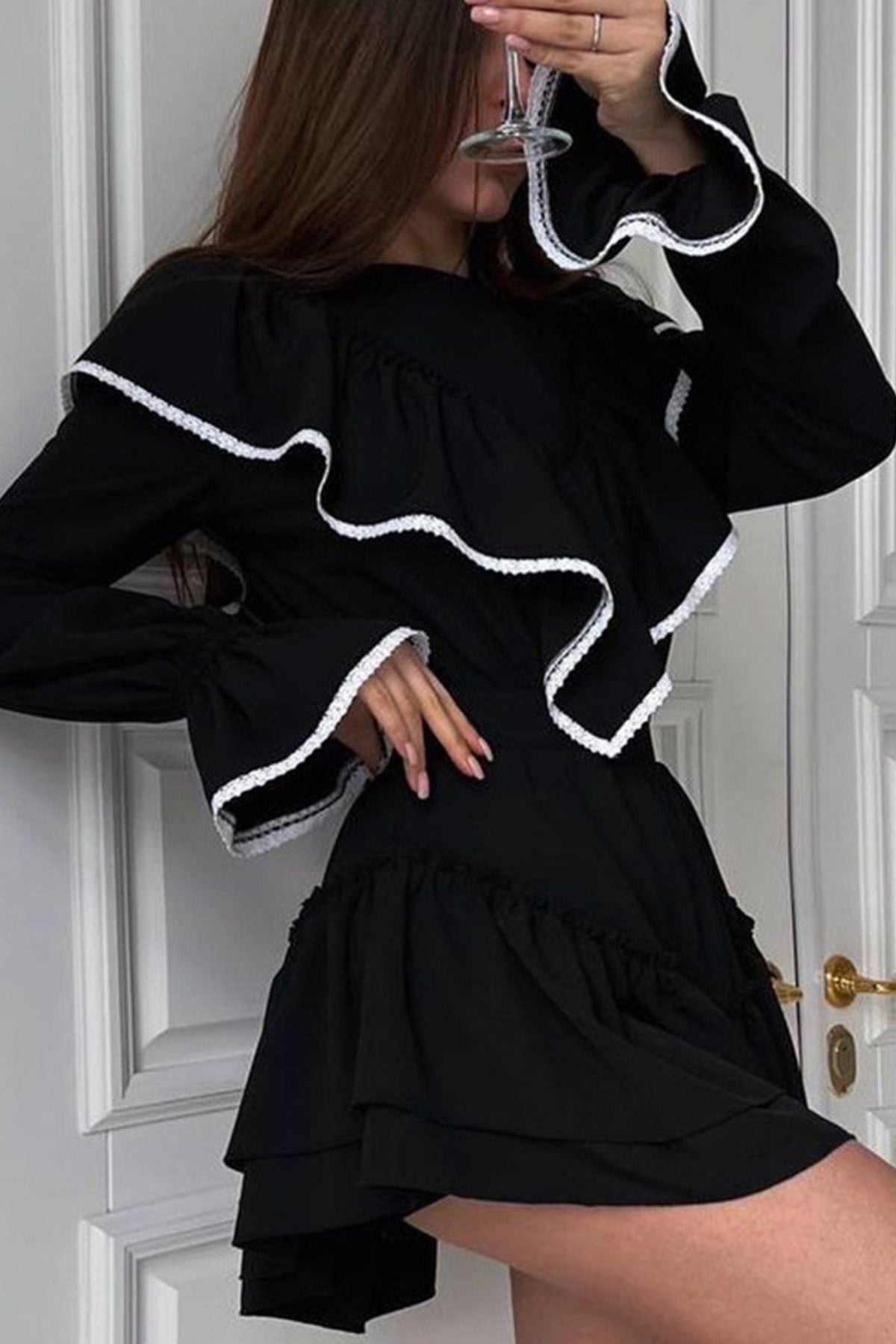 BXOXO - Lacework Ruffle Neck A-line Dress