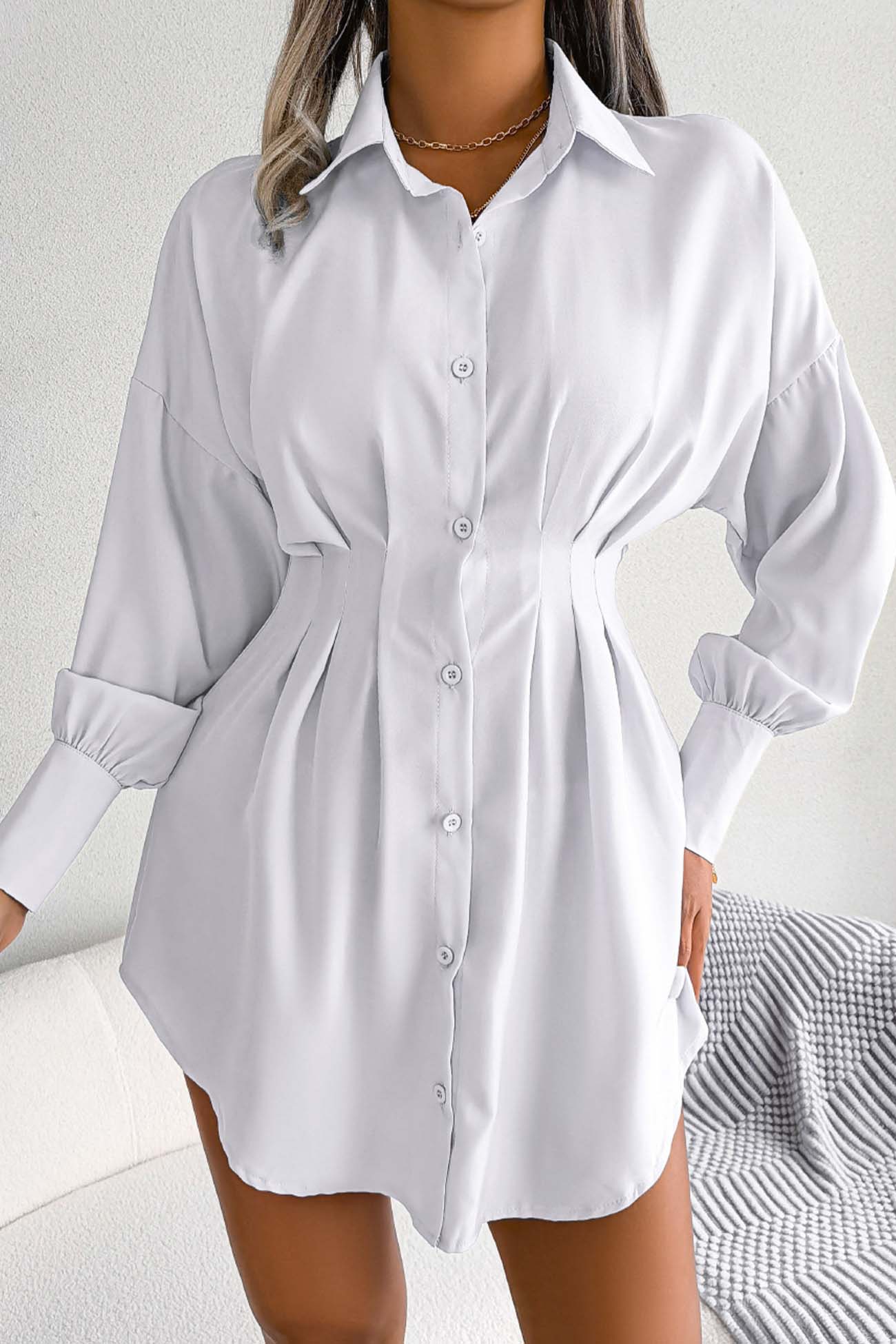 BXOXO - Latern Sleeve Button Pleated Shirt Dress