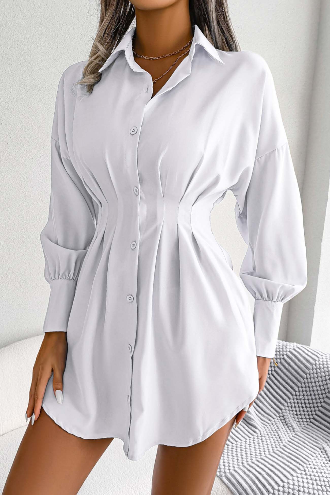 BXOXO - Latern Sleeve Button Pleated Shirt Dress