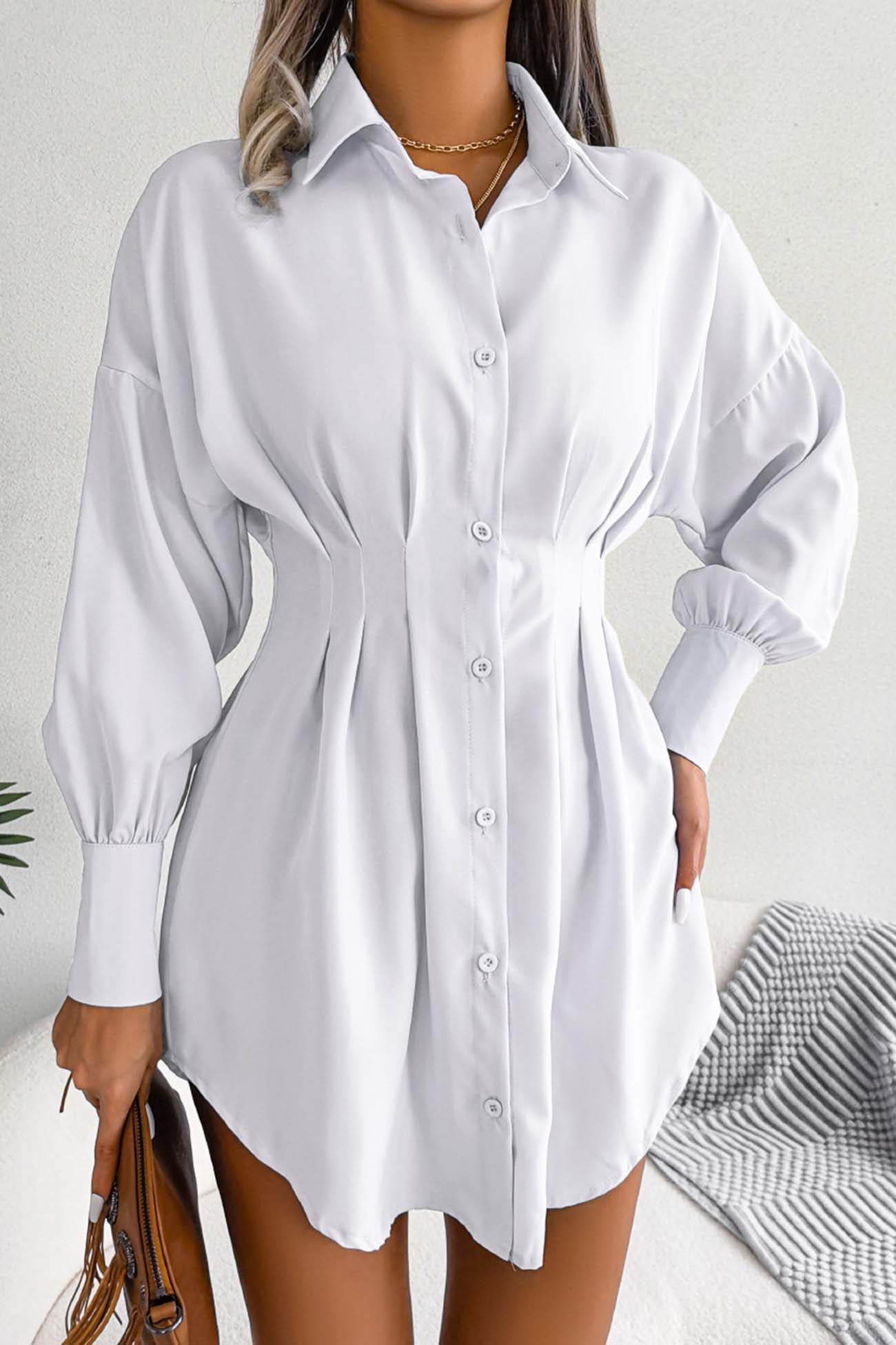 BXOXO - Latern Sleeve Button Pleated Shirt Dress