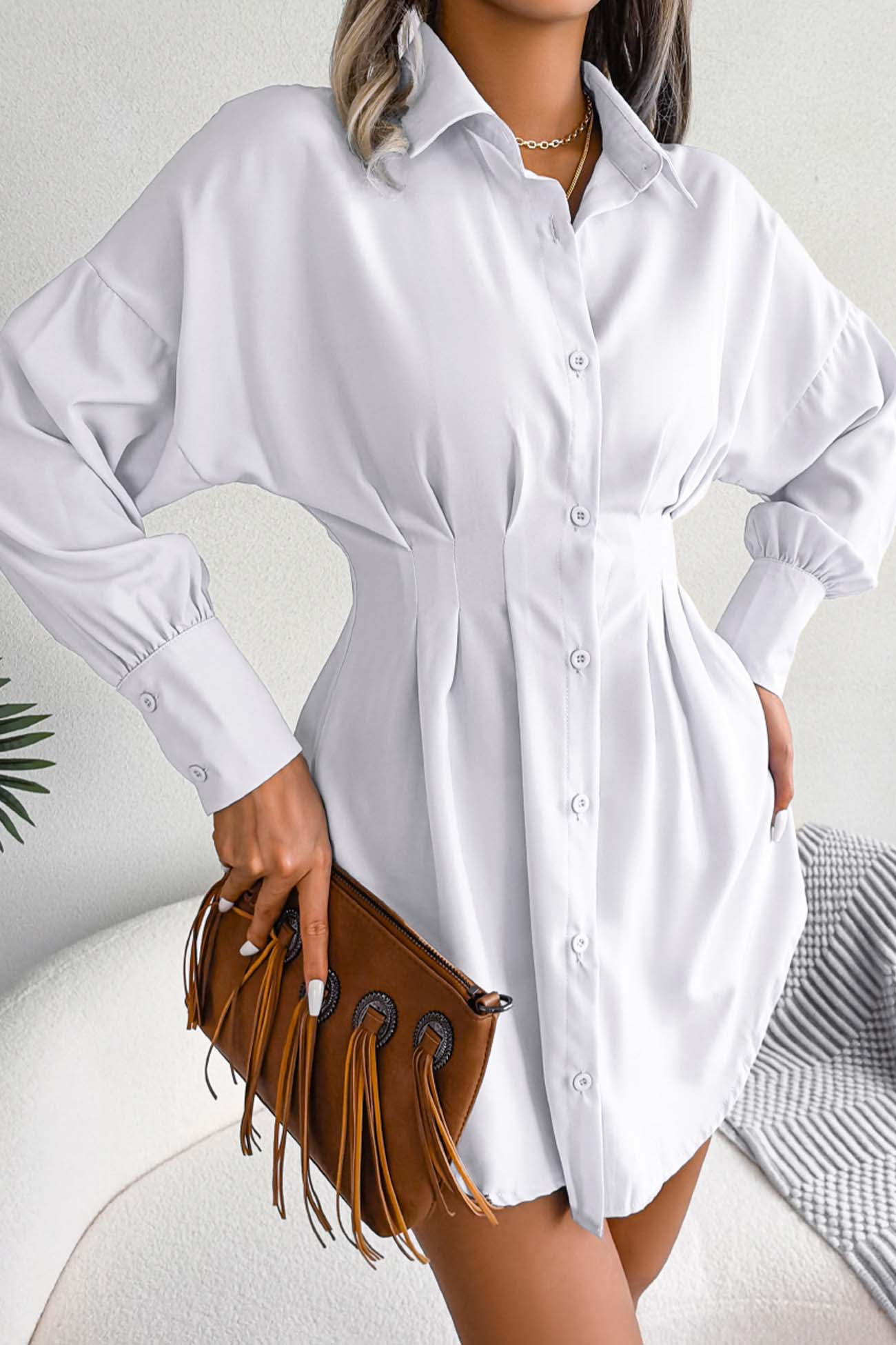 BXOXO - Latern Sleeve Button Pleated Shirt Dress